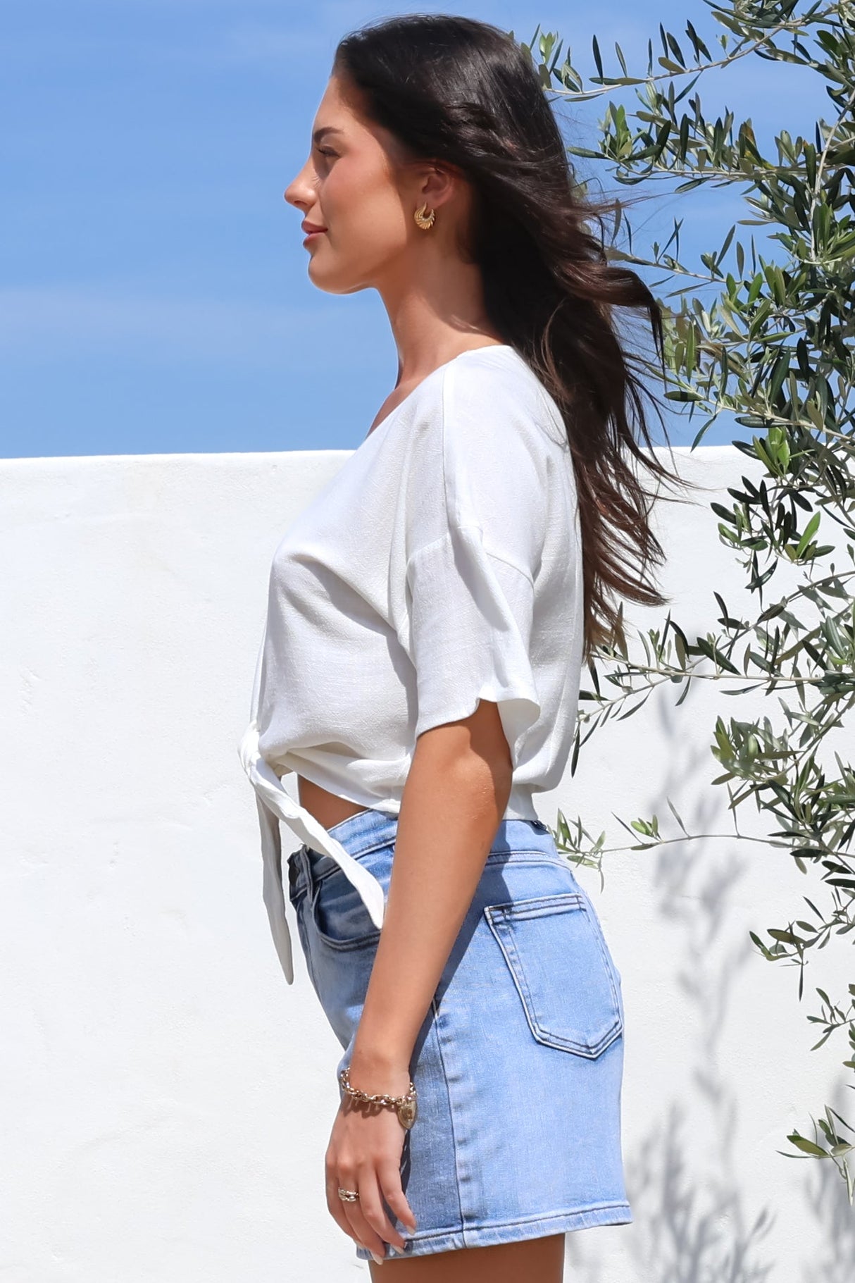 Lanara Top - Button Front Tie Up Top in White