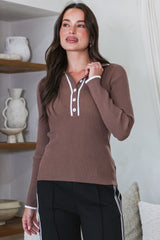 Landon Knit Top - Wing Collar Ribbed Knit with Contrast Trims and Buttoned Neckline in Chocolate
