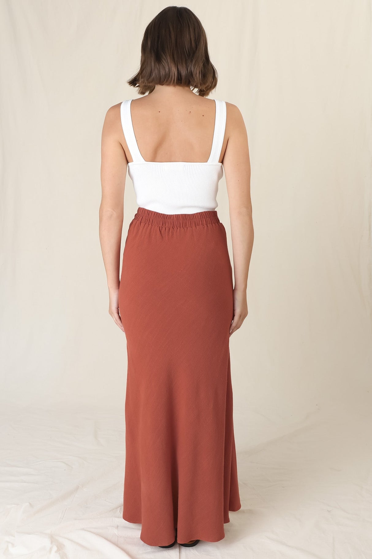 Lane Maxi Skirt - Linen Blend High Waisted Mermaid Silhouette Skirt in Rust