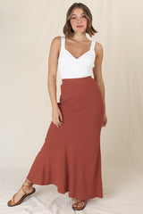 Lane Maxi Skirt - Linen Blend High Waisted Mermaid Silhouette Skirt in Rust