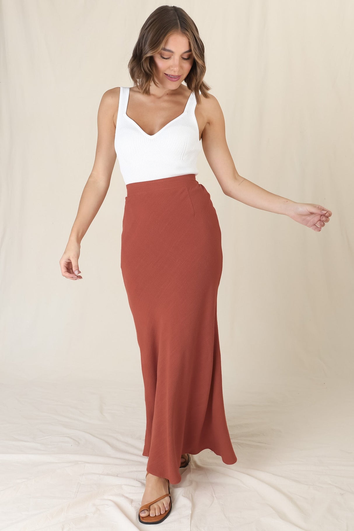 Lane Maxi Skirt - Linen Blend High Waisted Mermaid Silhouette Skirt in Rust
