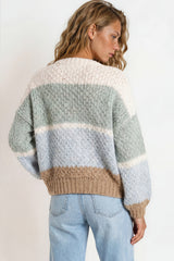 Model wearing Lane Cardigan in  White/Green from Salty Crush
