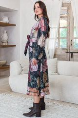 Langdon Midi Dress - Mandarin Collar Button Down Dress with Matching Belt in Annalisa Print