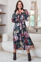 Langdon Midi Dress - Mandarin Collar Button Down Dress with Matching Belt in Annalisa Print