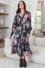 Langdon Midi Dress - Mandarin Collar Button Down Dress with Matching Belt in Annalisa Print