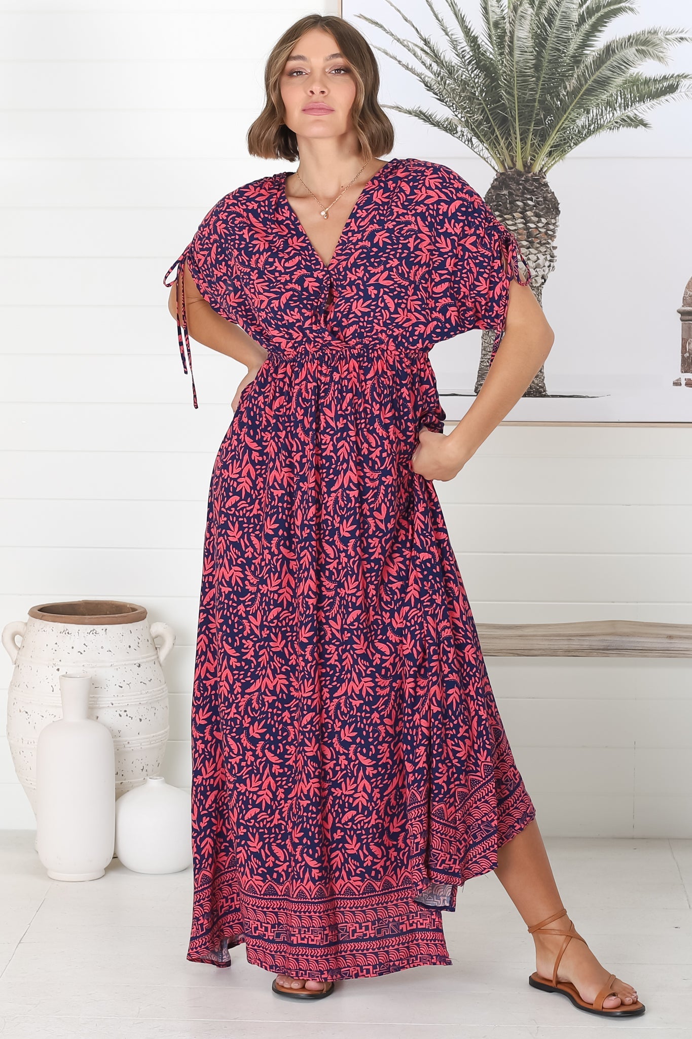 Lanta Maxi Dress - Cross Over Bodice Batwing Sleeves with Tie Detail Dress in Graphic Floral Print