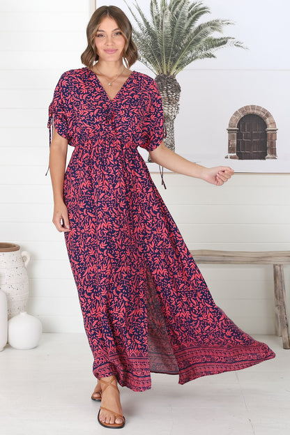 Lanta Maxi Dress - Cross Over Bodice Batwing Sleeves with Tie Detail Dress in Graphic Floral Print