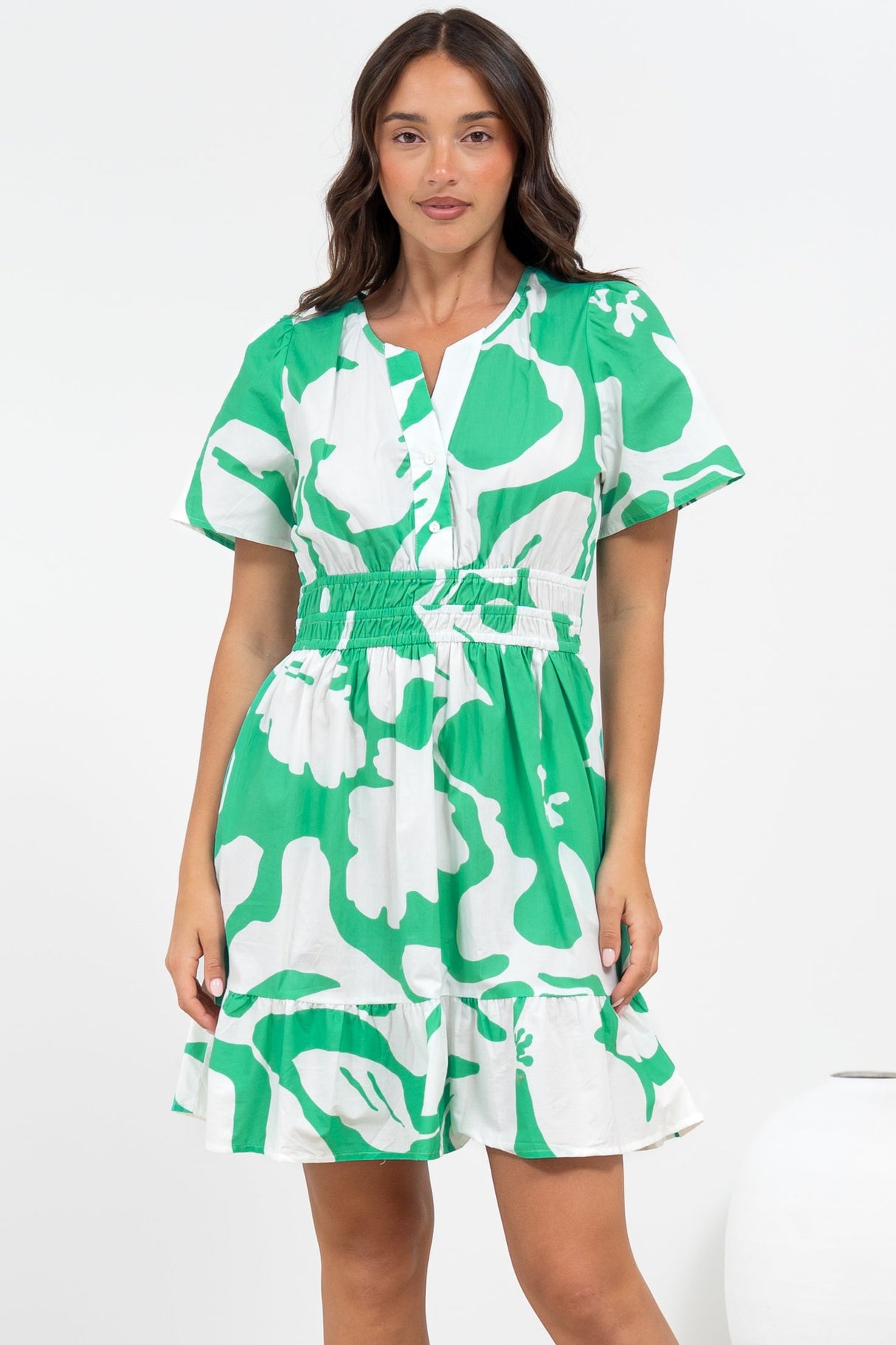 Larosa Mini Dress - Stand Collar A-Line Dress with Buttoned Bodice in Sloane Print Green