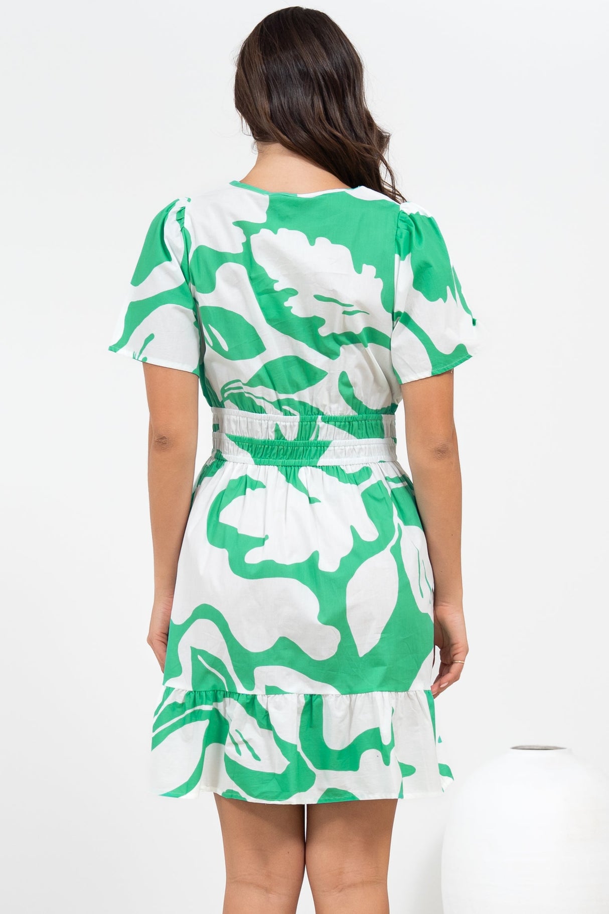 Larosa Mini Dress - Stand Collar A-Line Dress with Buttoned Bodice in Sloane Print Green