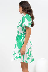 Larosa Mini Dress - Stand Collar A-Line Dress with Buttoned Bodice in Sloane Print Green