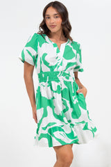 Larosa Mini Dress - Stand Collar A-Line Dress with Buttoned Bodice in Sloane Print Green