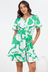 Larosa Mini Dress - Stand Collar A-Line Dress with Buttoned Bodice in Sloane Print Green