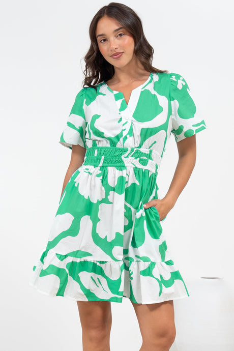 Larosa Mini Dress - Stand Collar A-Line Dress with Buttoned Bodice in Sloane Print Green