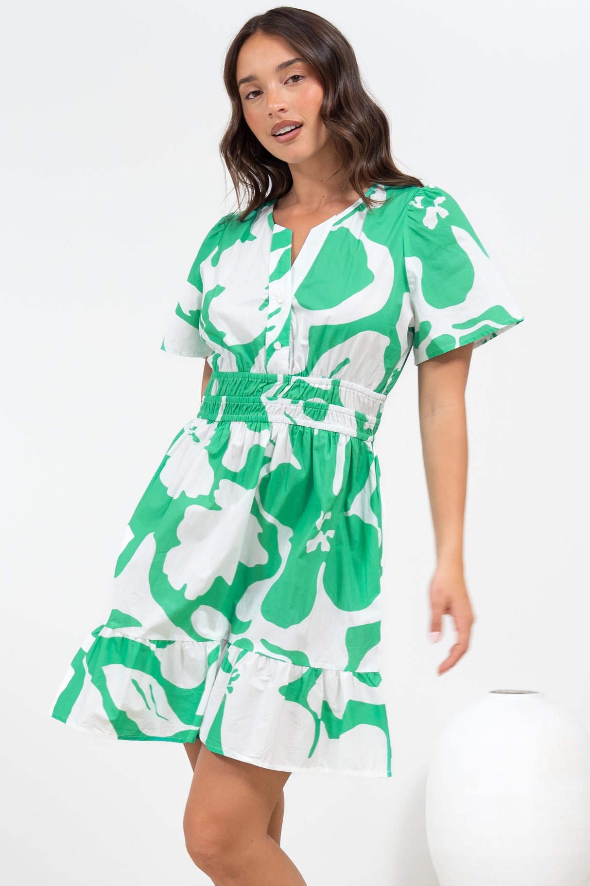 Larosa Mini Dress - Stand Collar A-Line Dress with Buttoned Bodice in Sloane Print Green