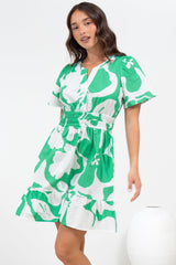 Larosa Mini Dress - Stand Collar A-Line Dress with Buttoned Bodice in Sloane Print Green