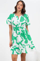 Larosa Mini Dress - Stand Collar A-Line Dress with Buttoned Bodice in Sloane Print Green
