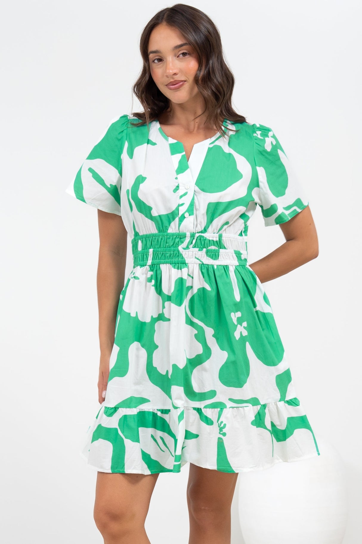 Larosa Mini Dress - Stand Collar A-Line Dress with Buttoned Bodice in Sloane Print Green