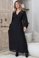 Lauder Maxi Dress - Lace Trim A-Line Dress with Balloon Sleeves in Black