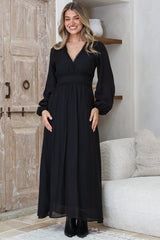 Lauder Maxi Dress - Lace Trim A-Line Dress with Balloon Sleeves in Black