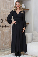 Lauder Maxi Dress - Lace Trim A-Line Dress with Balloon Sleeves in Black
