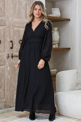 Lauder Maxi Dress - Lace Trim A-Line Dress with Balloon Sleeves in Black
