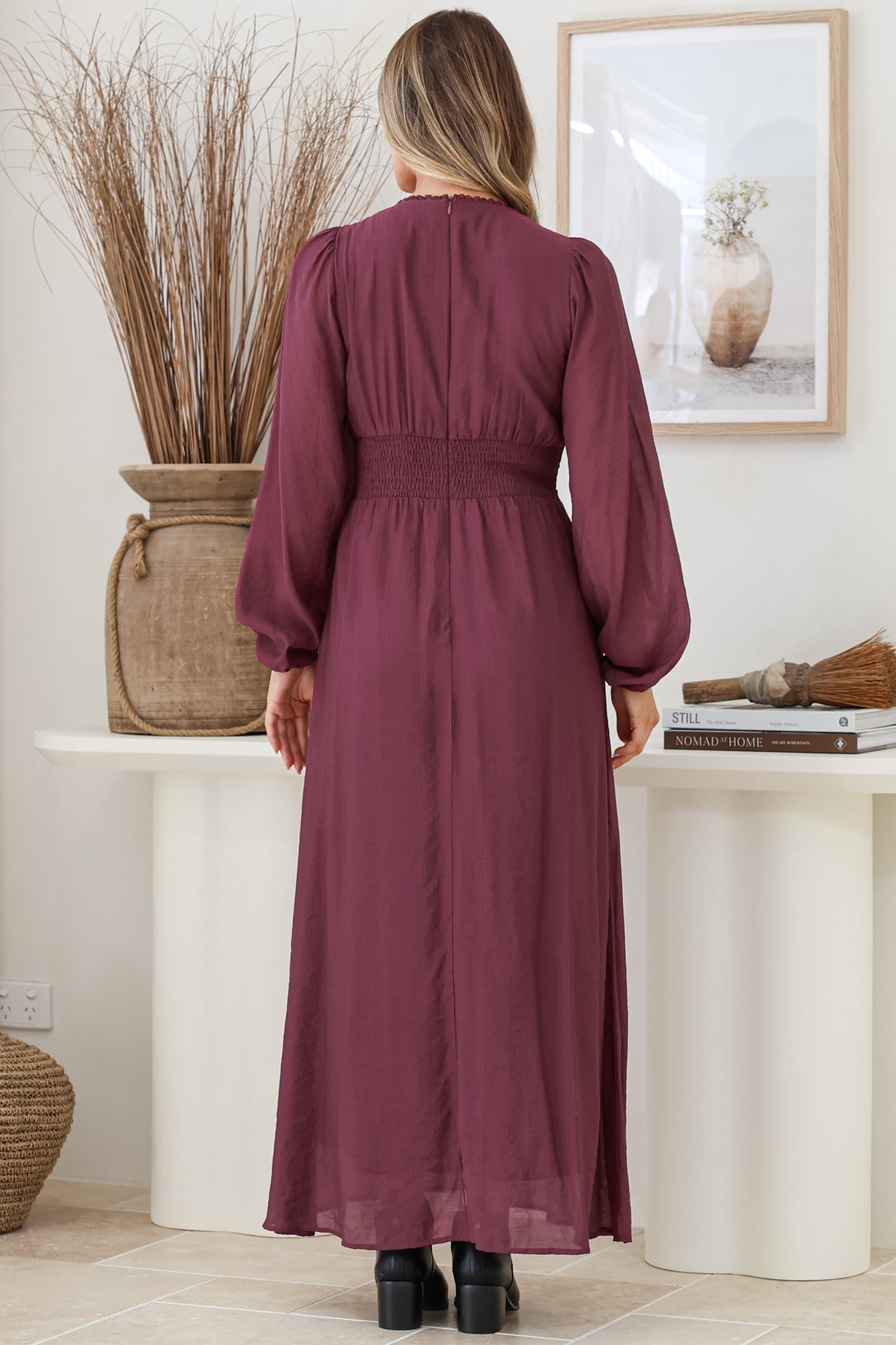 Lauder Maxi Dress - Lace Trim A-Line Dress with Balloon Sleeves in Plum