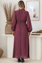 Lauder Maxi Dress - Lace Trim A-Line Dress with Balloon Sleeves in Plum