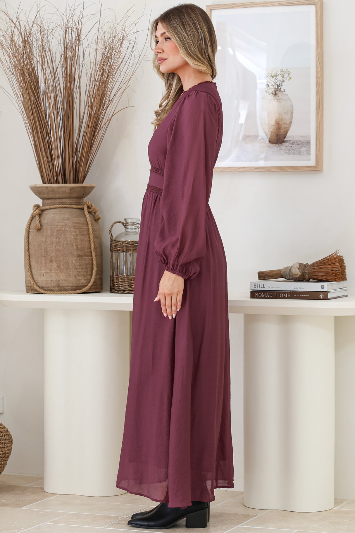 Lauder Maxi Dress - Lace Trim A-Line Dress with Balloon Sleeves in Plum