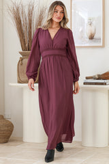 Lauder Maxi Dress - Lace Trim A-Line Dress with Balloon Sleeves in Plum