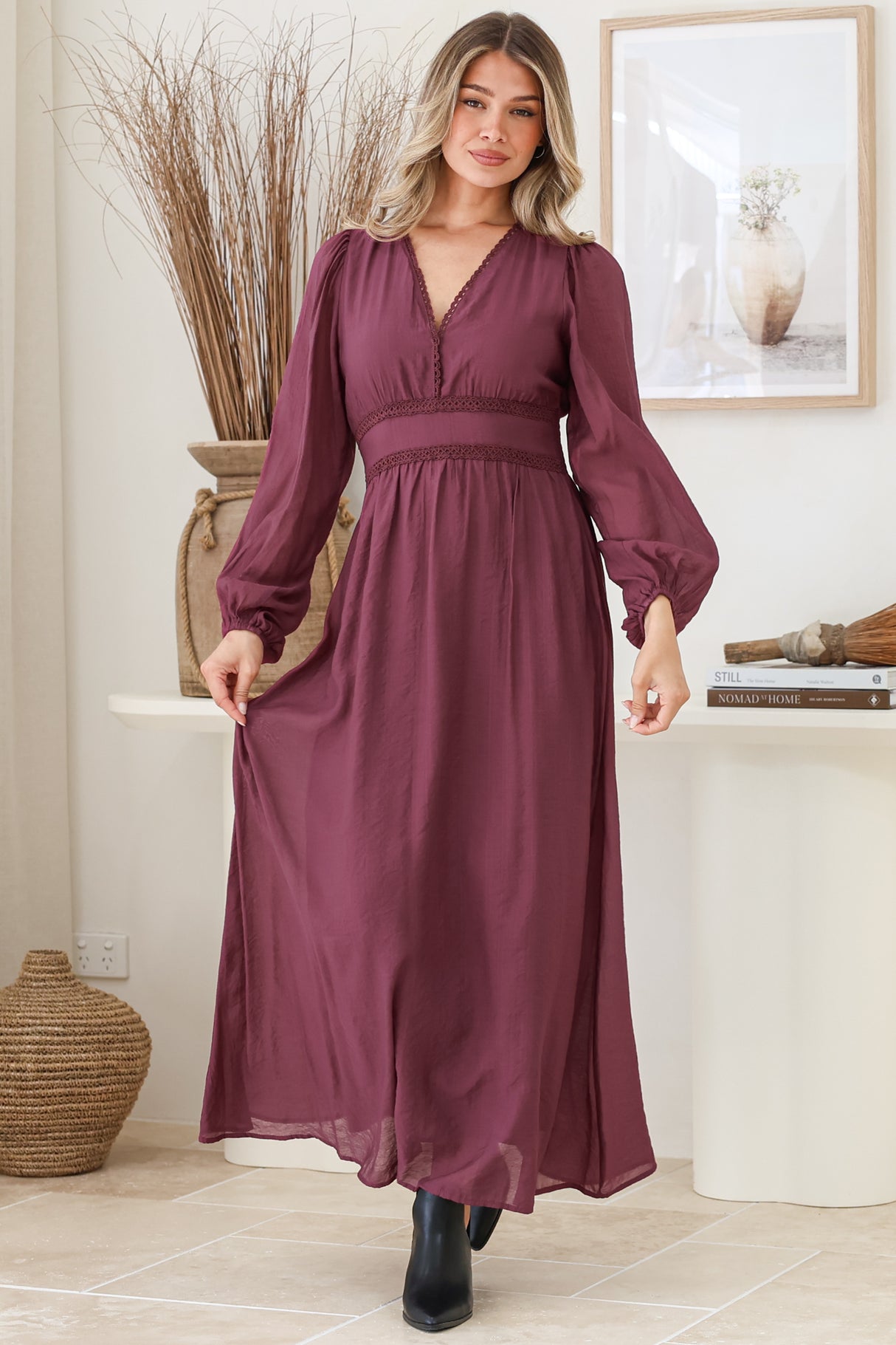 Lauder Maxi Dress - Lace Trim A-Line Dress with Balloon Sleeves in Plum
