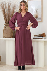 Lauder Maxi Dress - Lace Trim A-Line Dress with Balloon Sleeves in Plum
