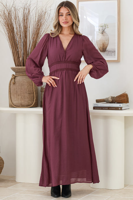 Lauder Maxi Dress - Lace Trim A-Line Dress with Balloon Sleeves in Plum