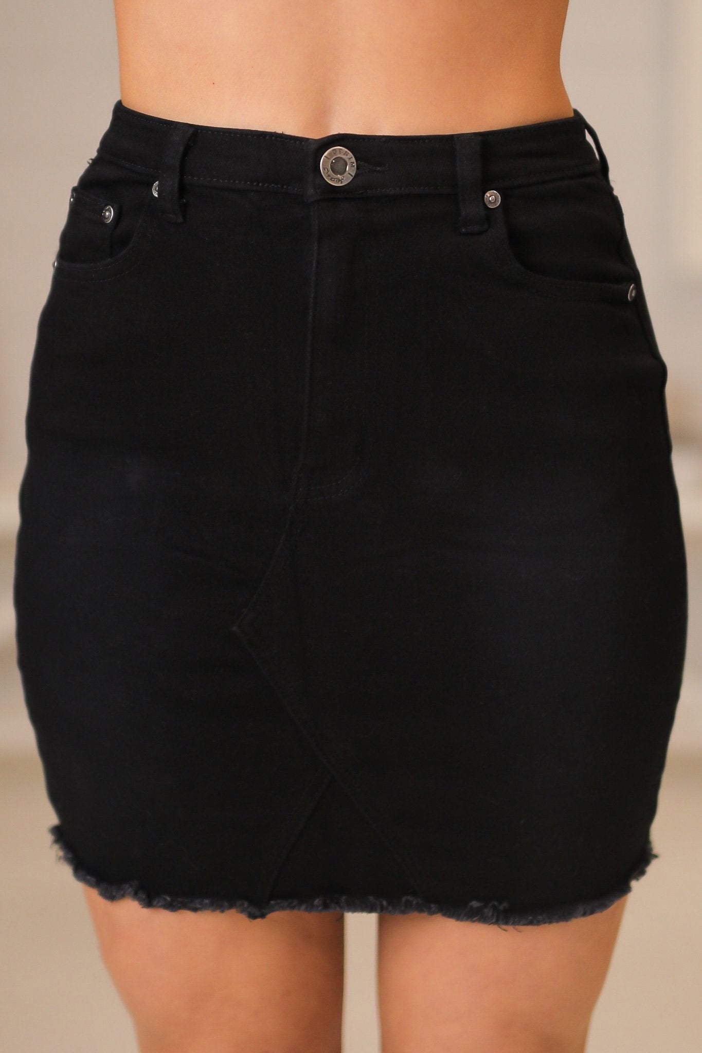 Laura Mini Skirt - High Waisted Stretchy Raw Hem Skirt in Black