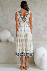 Laurina Midi Dress - Deep V-Neck A-Line Dress with Waist Tie in Fresca Print White
