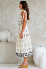 Laurina Midi Dress - Deep V-Neck A-Line Dress with Waist Tie in Fresca Print White