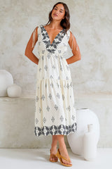 Laurina Midi Dress - Deep V-Neck A-Line Dress with Waist Tie in Fresca Print White
