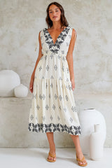 Laurina Midi Dress - Deep V-Neck A-Line Dress with Waist Tie in Fresca Print White