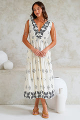 Laurina Midi Dress - Deep V-Neck A-Line Dress with Waist Tie in Fresca Print White