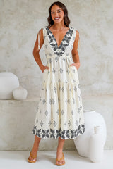 Laurina Midi Dress - Deep V-Neck A-Line Dress with Waist Tie in Fresca Print White