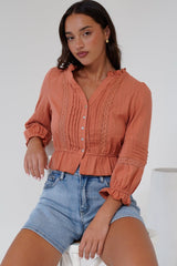 Laurinie Top - Frill Collar Button Down Crop with Delicate Detailing in Rust