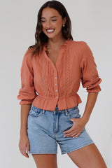 Laurinie Top - Frill Collar Button Down Crop with Delicate Detailing in Rust