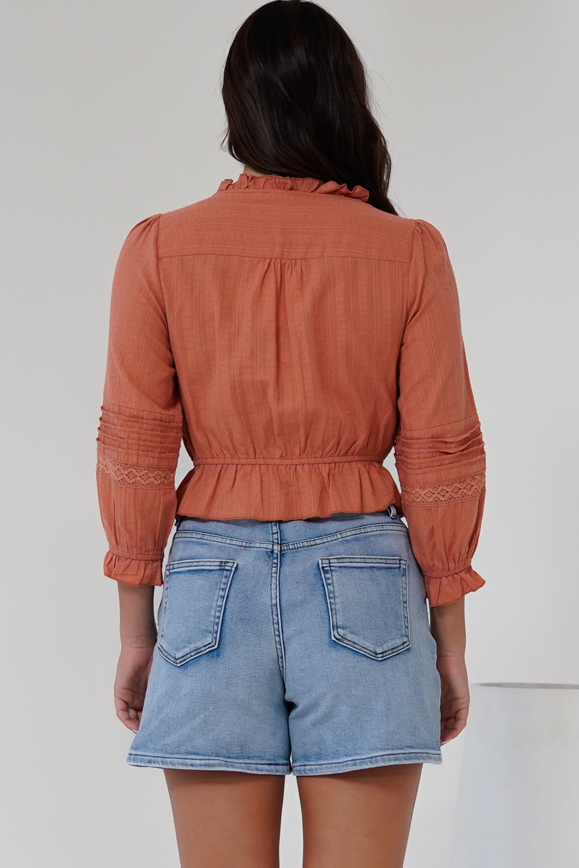 Laurinie Top - Frill Collar Button Down Crop with Delicate Detailing in Rust