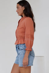 Laurinie Top - Frill Collar Button Down Crop with Delicate Detailing in Rust