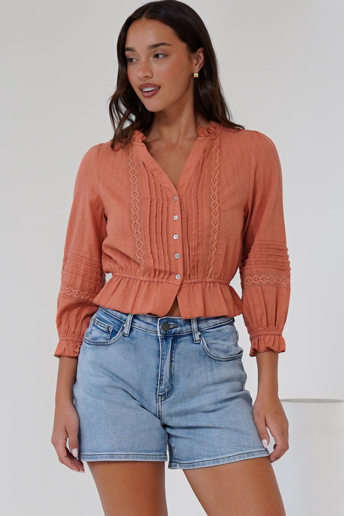 Laurinie Top - Frill Collar Button Down Crop with Delicate Detailing in Rust