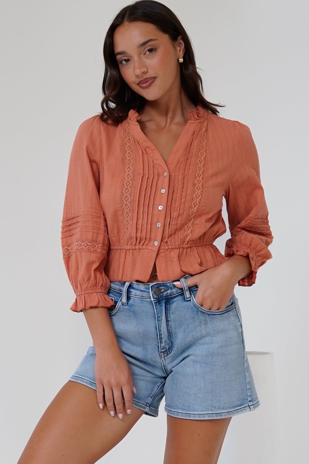 Laurinie Top - Frill Collar Button Down Crop with Delicate Detailing in Rust