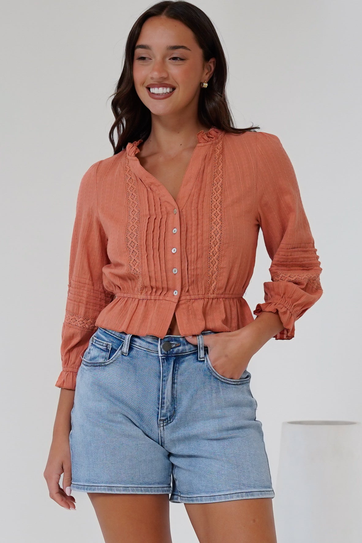 Laurinie Top - Frill Collar Button Down Crop with Delicate Detailing in Rust