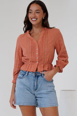 Laurinie Top - Frill Collar Button Down Crop with Delicate Detailing in Rust