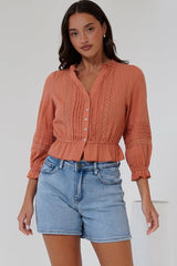 Laurinie Top - Frill Collar Button Down Crop with Delicate Detailing in Rust