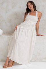 Laurita Midi Dress - Adjustable Strap Elasticated Bodice Sun Dress in White