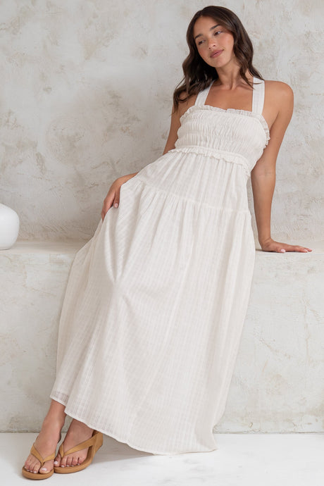 Laurita Midi Dress - Adjustable Strap Elasticated Bodice Sun Dress in White